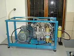 A Bauer Mariner II high pressure breathing air compressor stationary installation at a private filling and gas blending facility